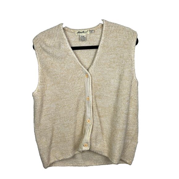 EDDIE BAUER Vintage Cream Tan Beige Knit Sweater Vest Button Front Mens Medium M - Picture 1 of 8